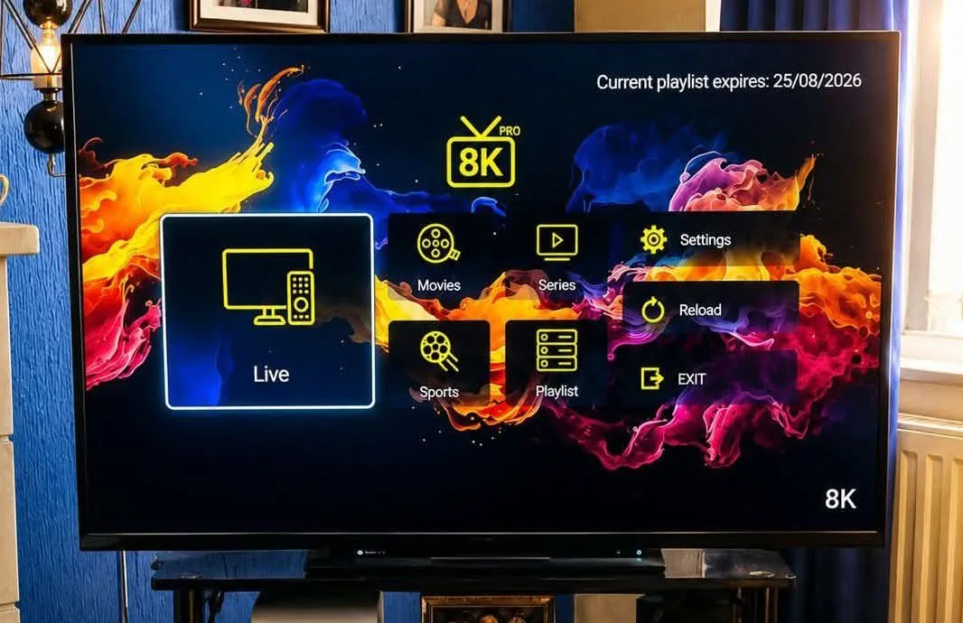Best IPTV Ireland app home screen on a Smart TV — Live, Movies, Series and Sports